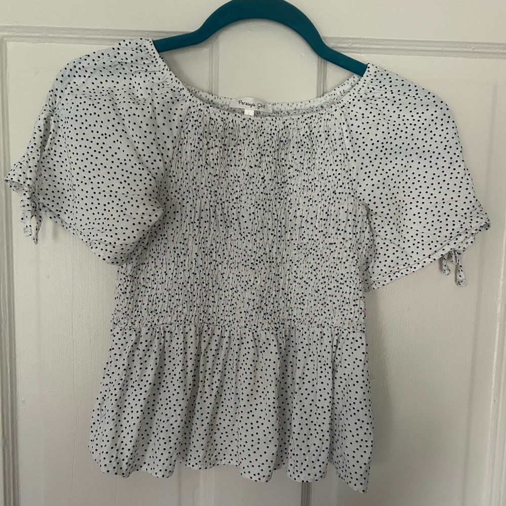 Persaya Girl White and Black Smocked Puff Sleeve Blouse